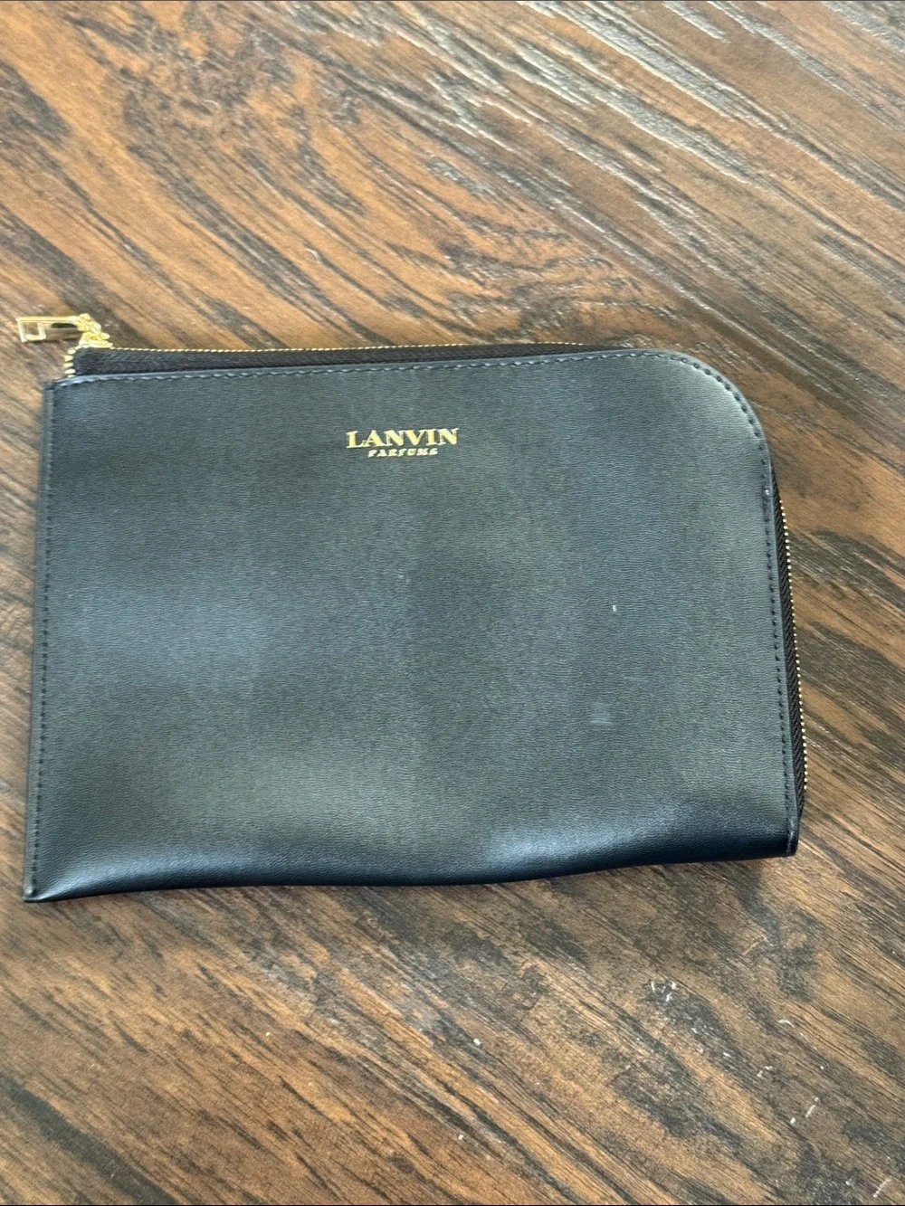 Lanvin Black Leather Toiletry Zip Pouch with Gold Logo